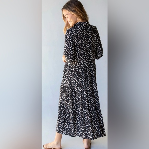 Natural Life Rebecca Midi Dress Black Cream Rose Floral Pockets Boho Sz Large - Picture 3 of 15